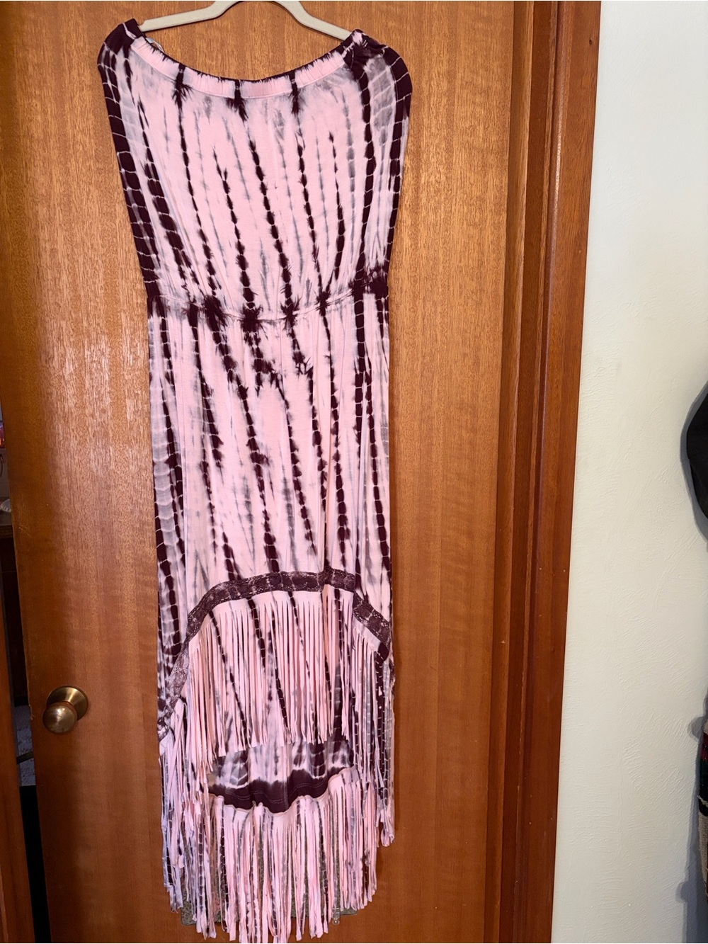 Boston Proper Pink and Maroon Tie-Dye Fringe High-Low Maxi Dress